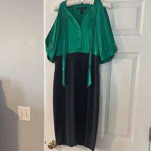 BCBGMaxAzria Emerald Green Silk, Grey Pencil Skirt Tie-Neck Midi Dress
